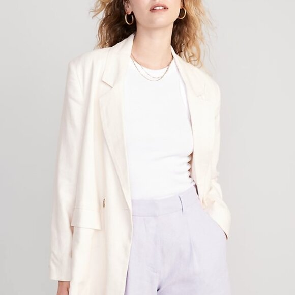 NWT OLD NAVY double breasted linen blend blazer in cream (S) - Picture 3 of 4
